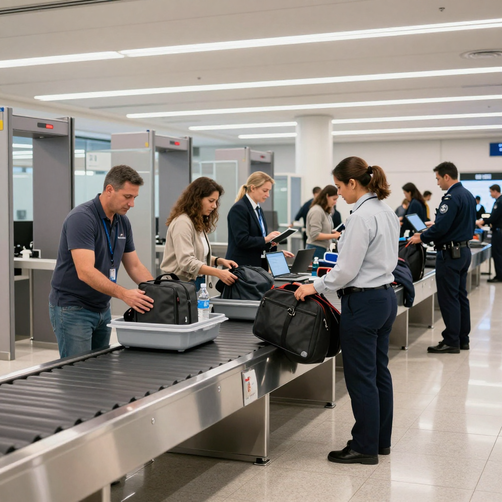 People placing luggage on conveyor belt at airport security checkpoint.
