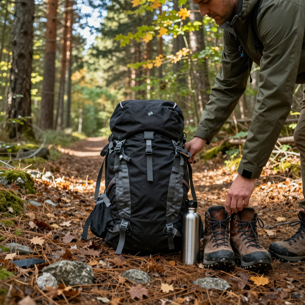 Person adjusting a black backpack in a forest, next to boots and a water bottle.