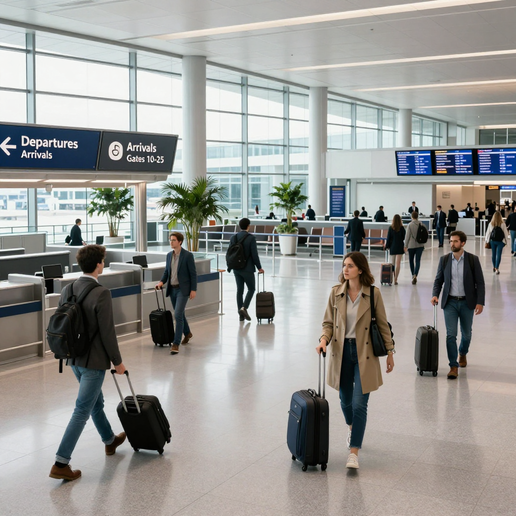 Airport terminal interior with travelers pulling luggage toward departure gates.