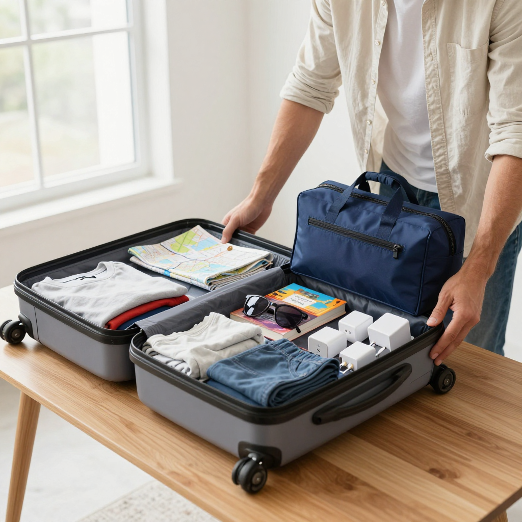 Person packing a gray suitcase on a wooden table. The suitcase is open with clothes, accessories, and a bag inside.
