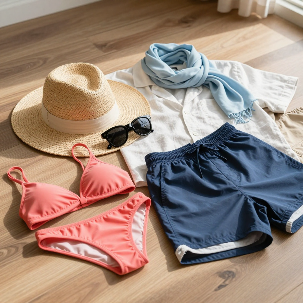 Beach vacation essentials: straw hat, sunglasses, coral bikini, blue shorts, linen shirt, and scarf on wooden floor.