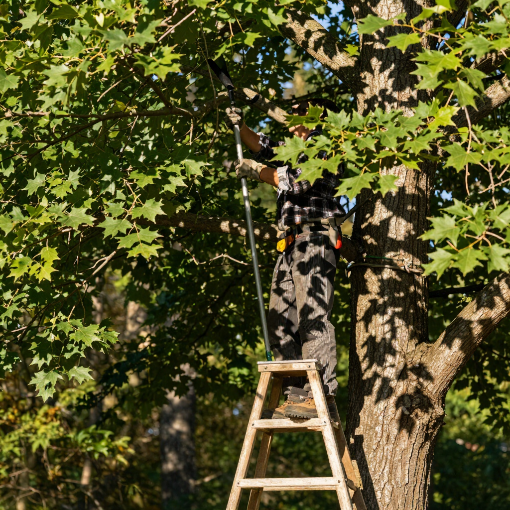 Person on a ladder pruning tree branches in a sunny yard