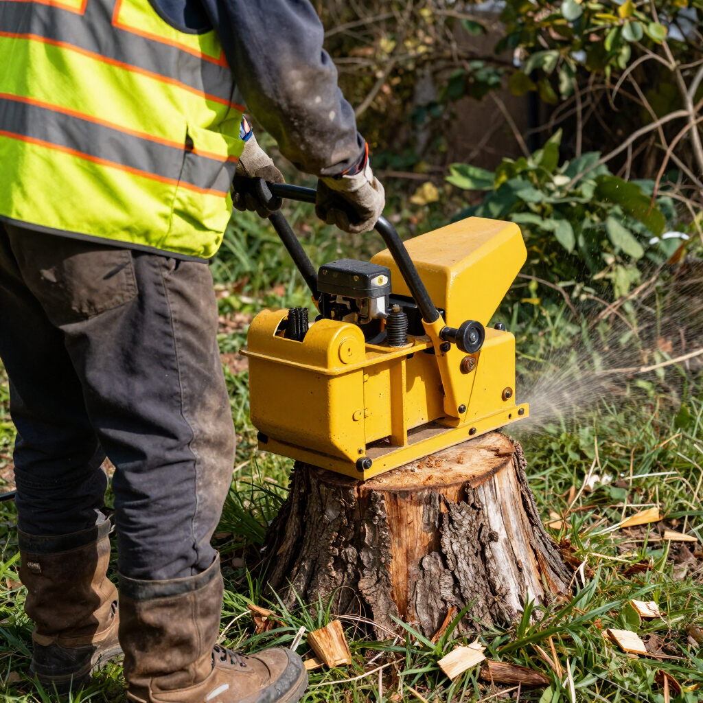 Worker using a yellow stump grinder to remove a tree stump in a grassy yard.