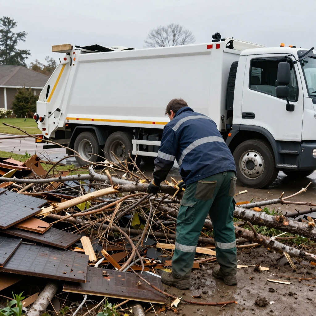 Worker clearing storm debris beside a white garbage truck on a wet residential street