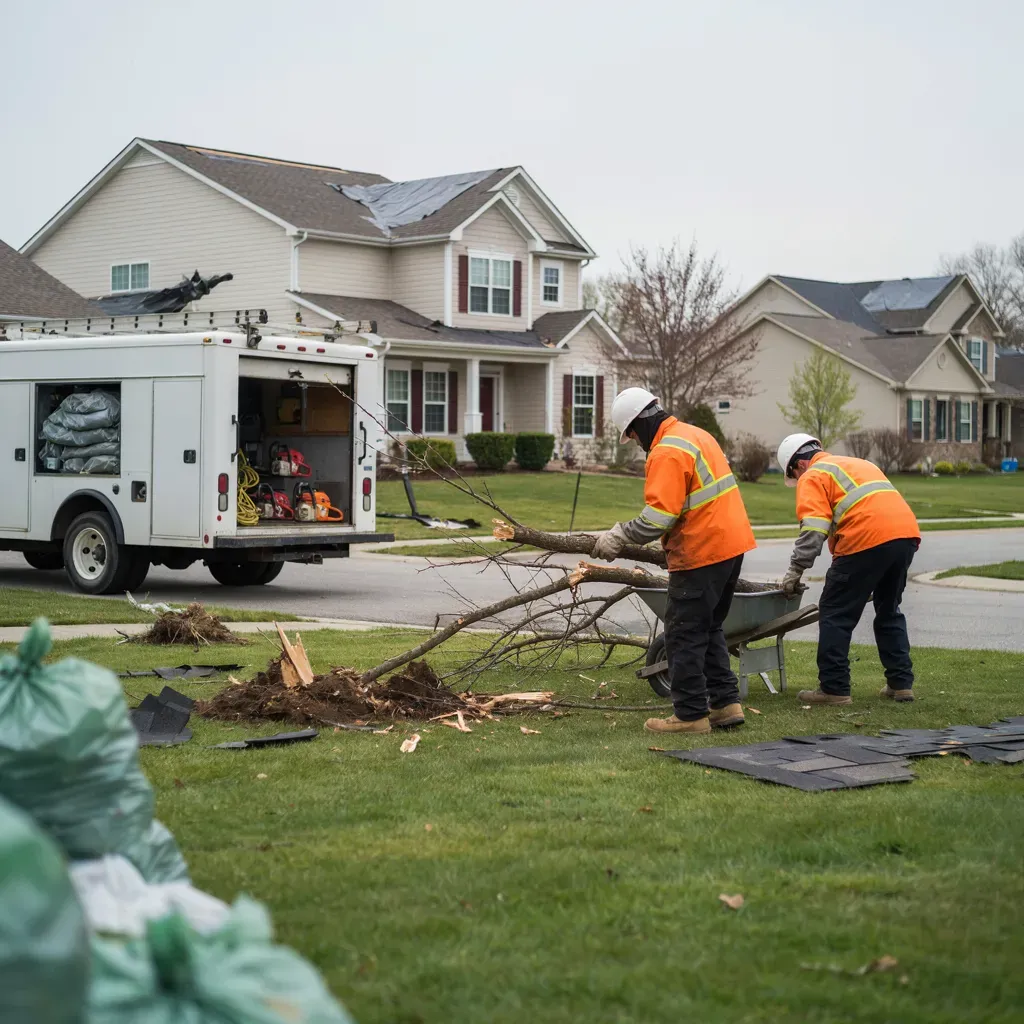 Two workers in orange vests clear storm debris on a suburban lawn beside a utility truck.