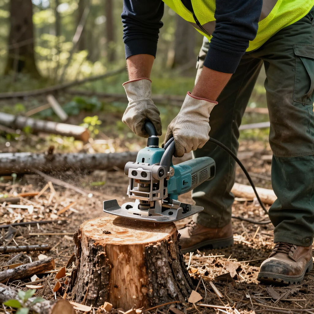 Worker using a chainsaw to cut a tree stump in a wooded area