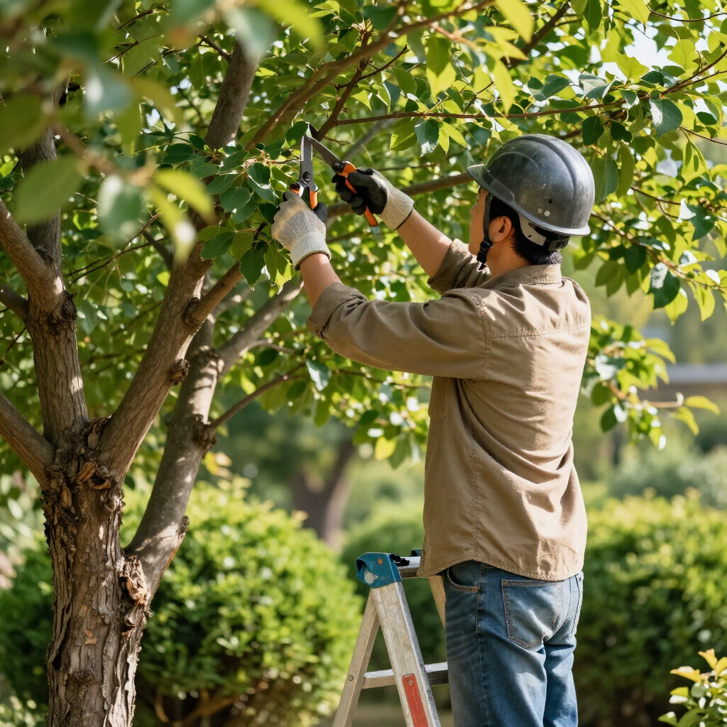 Worker in a hard hat pruning tree branches with shears beside a ladder in a sunny garden