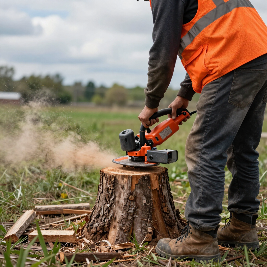 Worker using an orange chainsaw to cut a tree stump in a field with wood chips flying