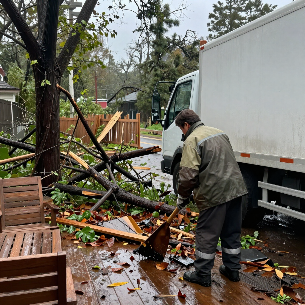 Worker clearing storm debris beside a white truck on a wet driveway