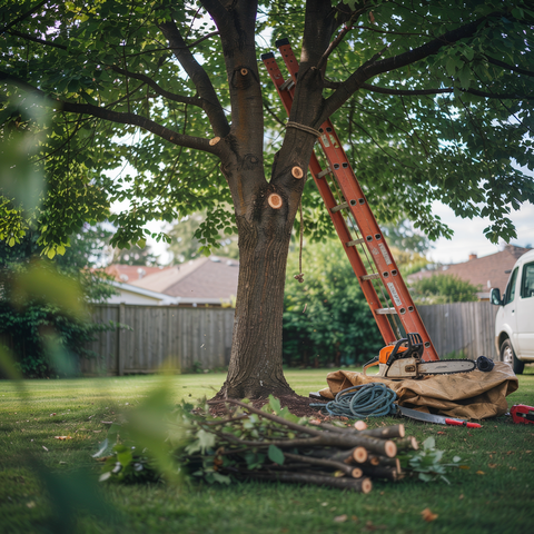 Red ladder against a large tree in a backyard, with cut branches and a chainsaw on the grass.