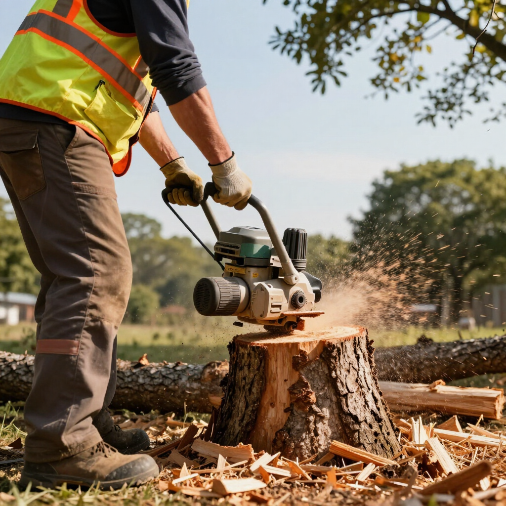 Worker in safety vest cutting a tree stump with a chainsaw, wood chips flying in a field