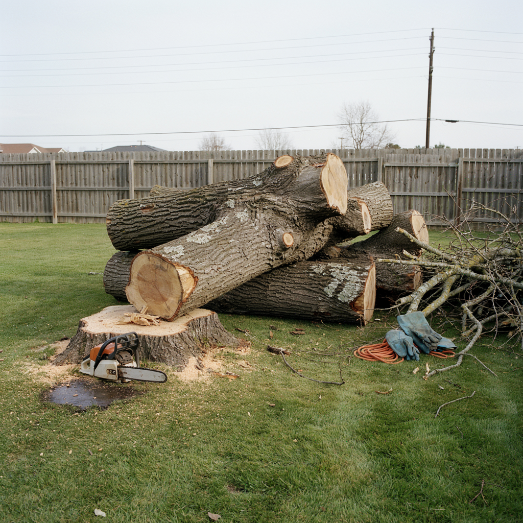 An arborist wearing safety gear uses a chainsaw to trim a tree branch from a yellow aerial lift bucket.
