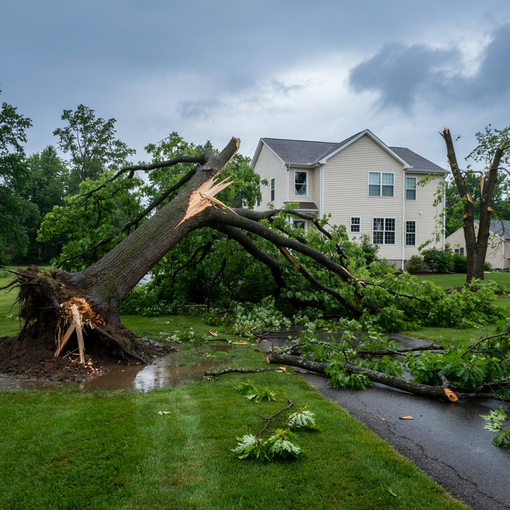 Orange skid-steer loading cut branches into a bucket beside a suburban driveway and lawn.