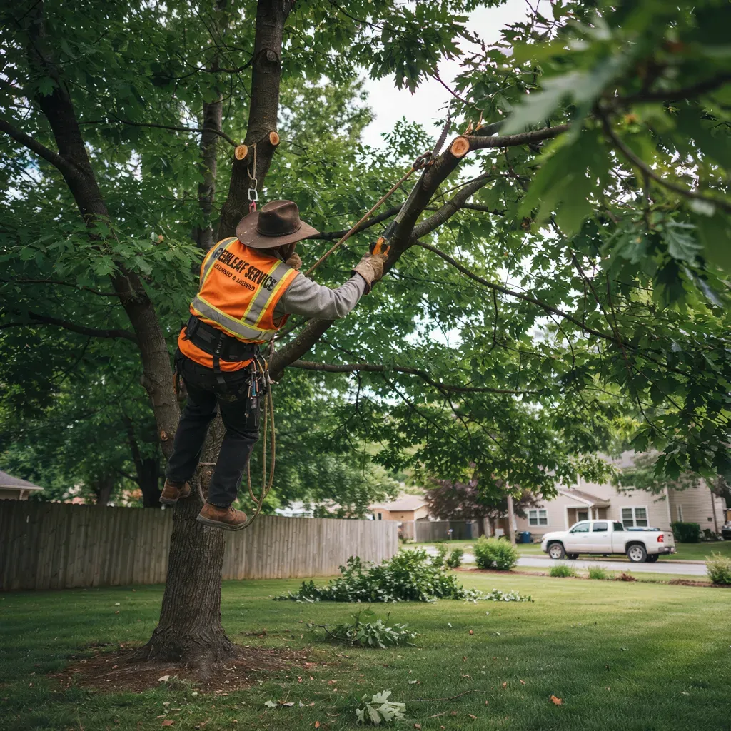 Arborist in orange safety vest trimming tree branches in a suburban yard