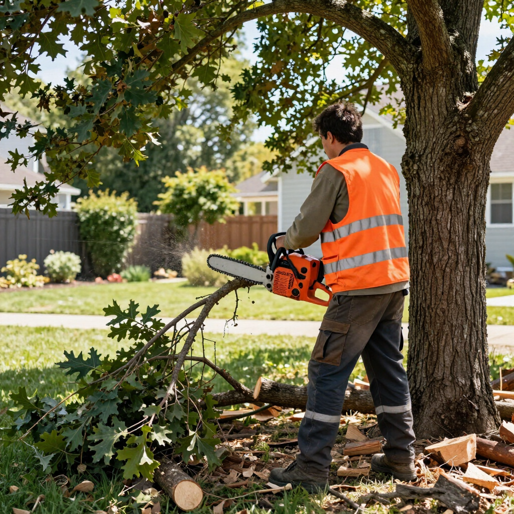 Worker in orange safety vest using a chainsaw to cut tree branches in a suburban yard