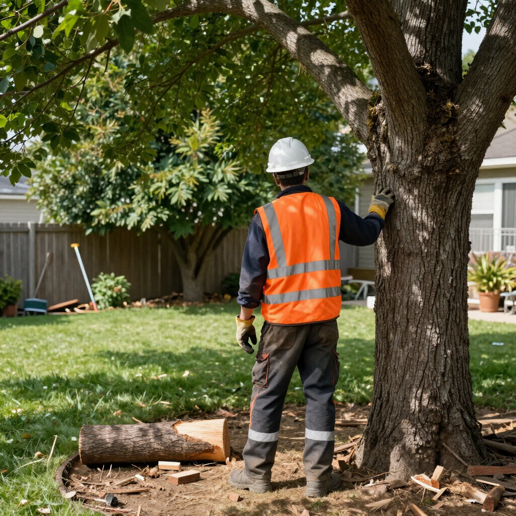 Worker in orange safety vest and hard hat inspecting a tree in a suburban yard.