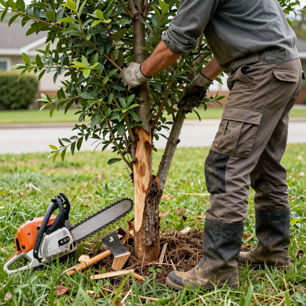 Worker using a chainsaw to cut a tree trunk in a grassy yard