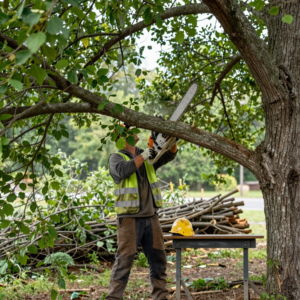 Worker trimming tree branches with a chainsaw beside a table of cut limbs in a wooded yard