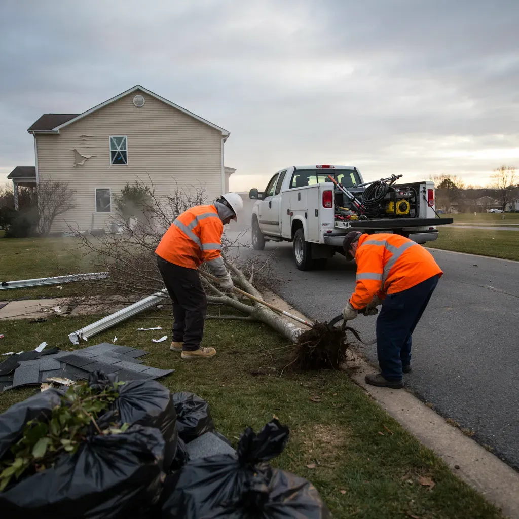 Two workers in orange vests clearing storm debris from a roadside near a house and utility truck