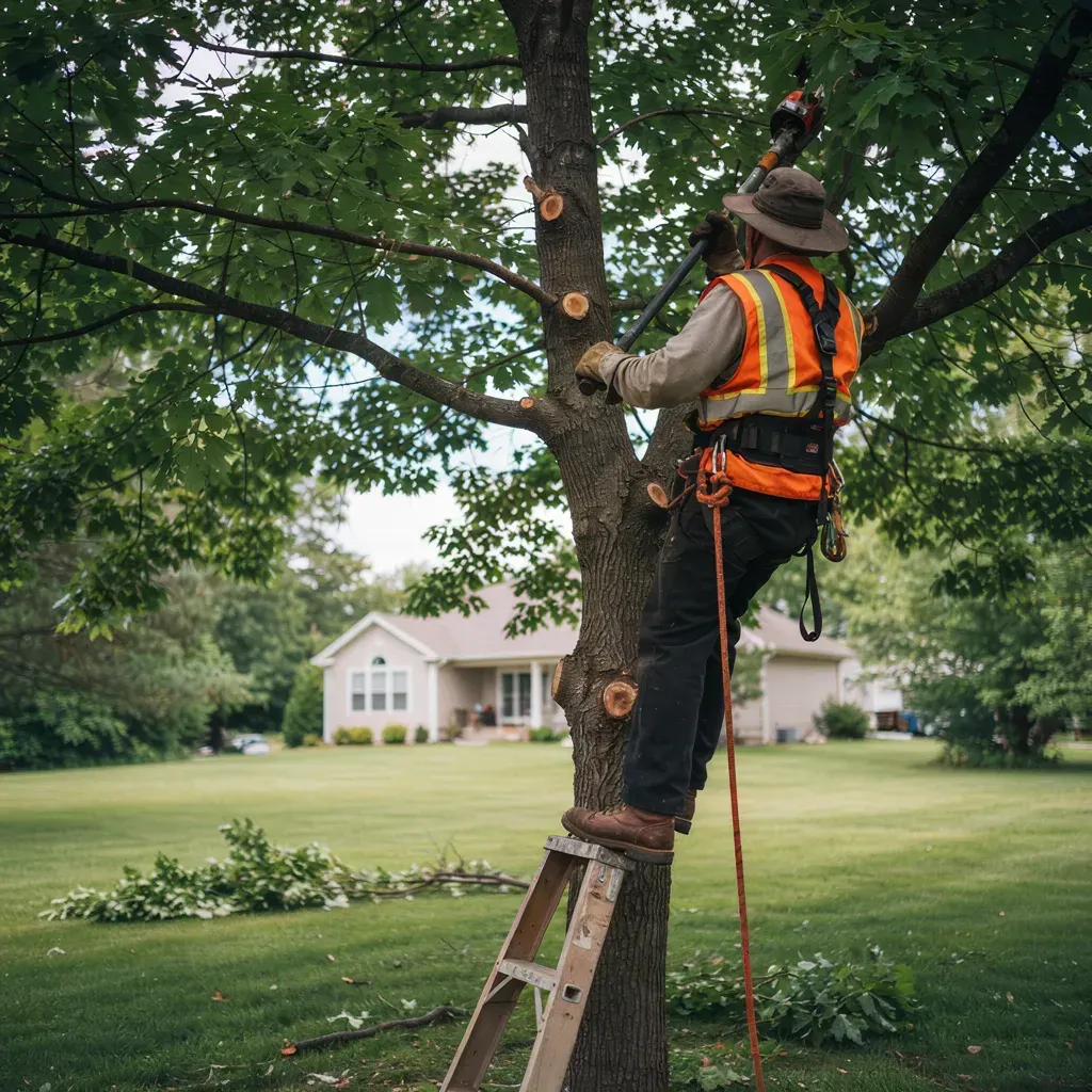 Tree worker in orange safety vest trimming a large tree from a ladder in a suburban yard