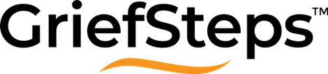 The GriefSteps logo in black text with an orange curved line beneath it, and the trademark symbol.