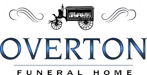 Logo for Overton Funeral Home featuring a hearse and scrolling flourishes over text.