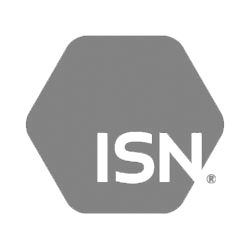 A gray hexagon with the word isn on it.