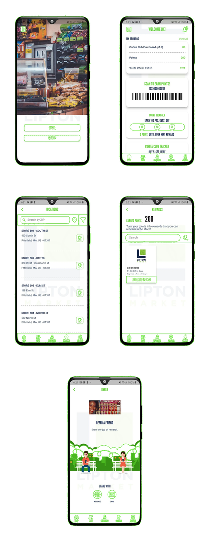 Collage of five smartphone app screens with a white-and-green interface and one colorful home screen.