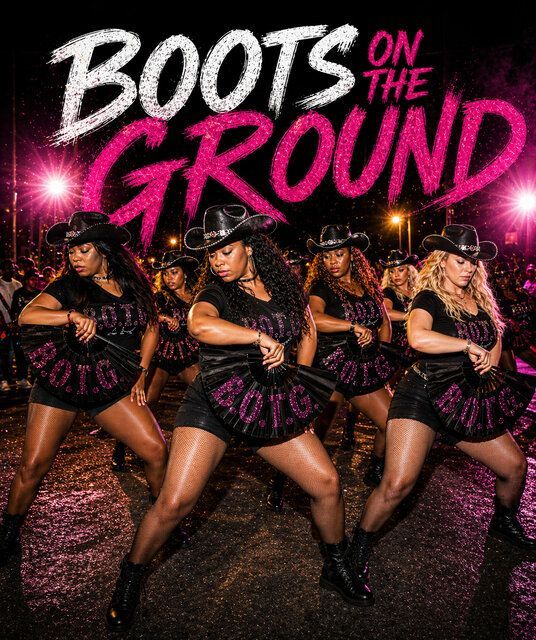 Five dancers in black and pink outfits striking a synchronized pose under the title “Boots on the Ground”