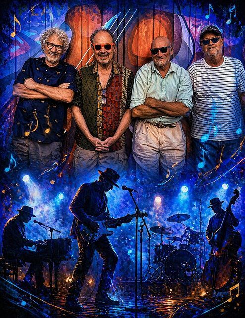 Band photo collage with four musicians above and a blue-lit live performance below