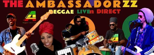 Banner for “THE AMBASSADORZZ” with “REGGAE LIVE DIRECT” and musicians holding instruments on a red-and-black background