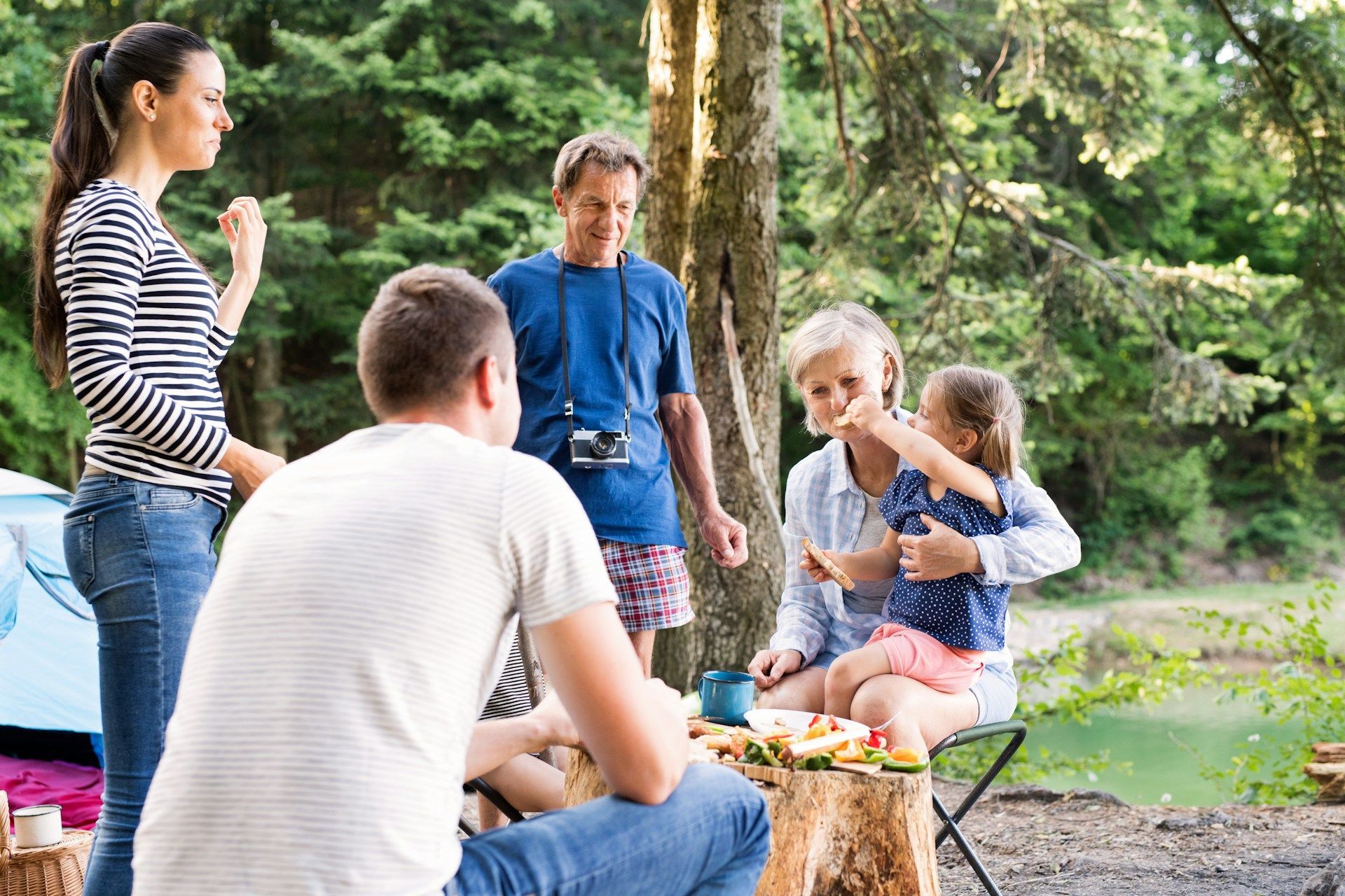 Family camping in a forest: people gathered around a tree stump, eating and talking near a tent.
