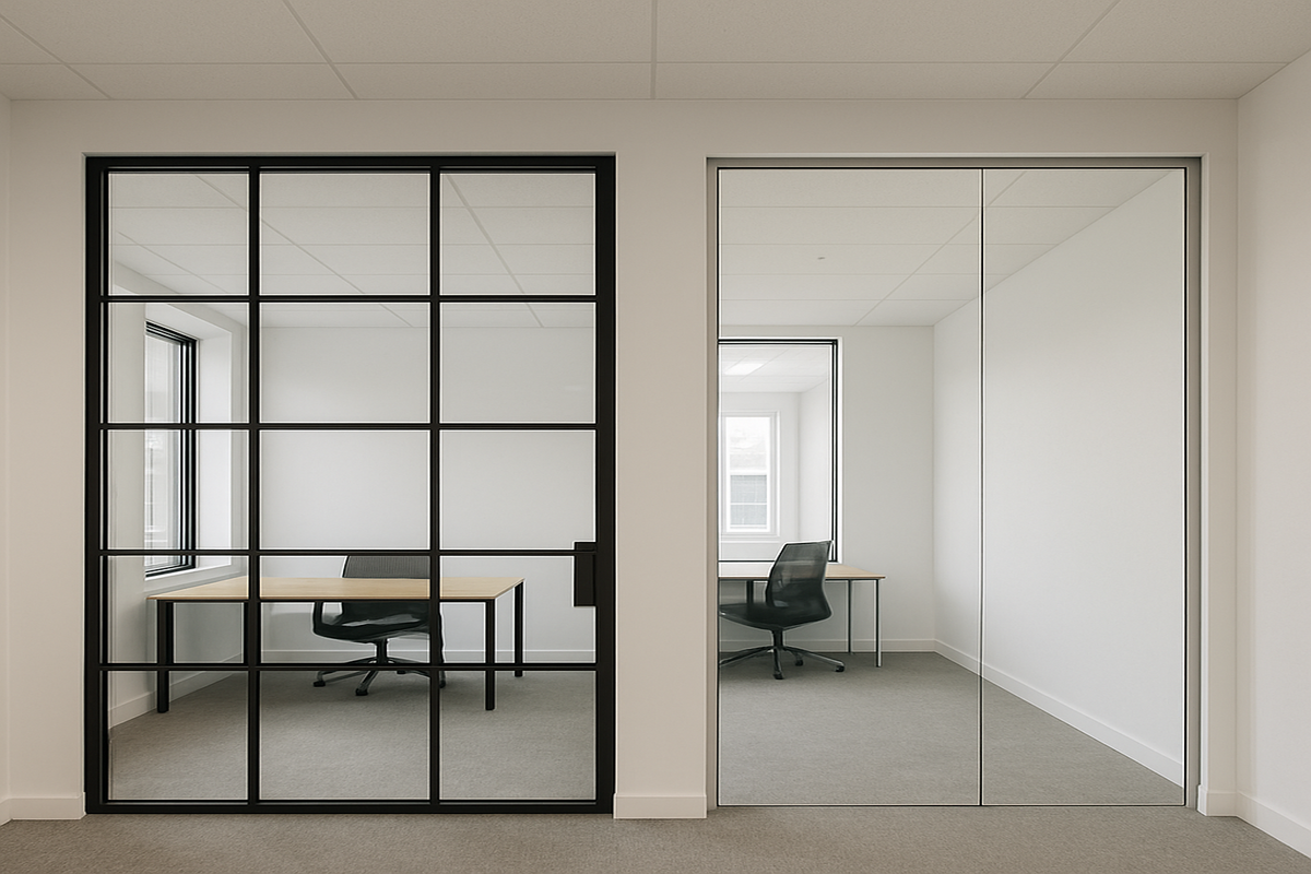 Framed black glass office partition beside a frameless glass office partition in a bright, modern of