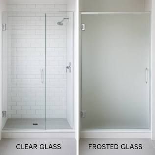 Side-by-side comparison of a clear glass shower enclosure and a frosted glass shower enclosure