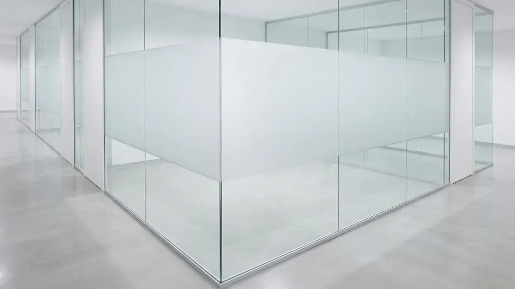 Frosted privacy band on frameless glass office walls