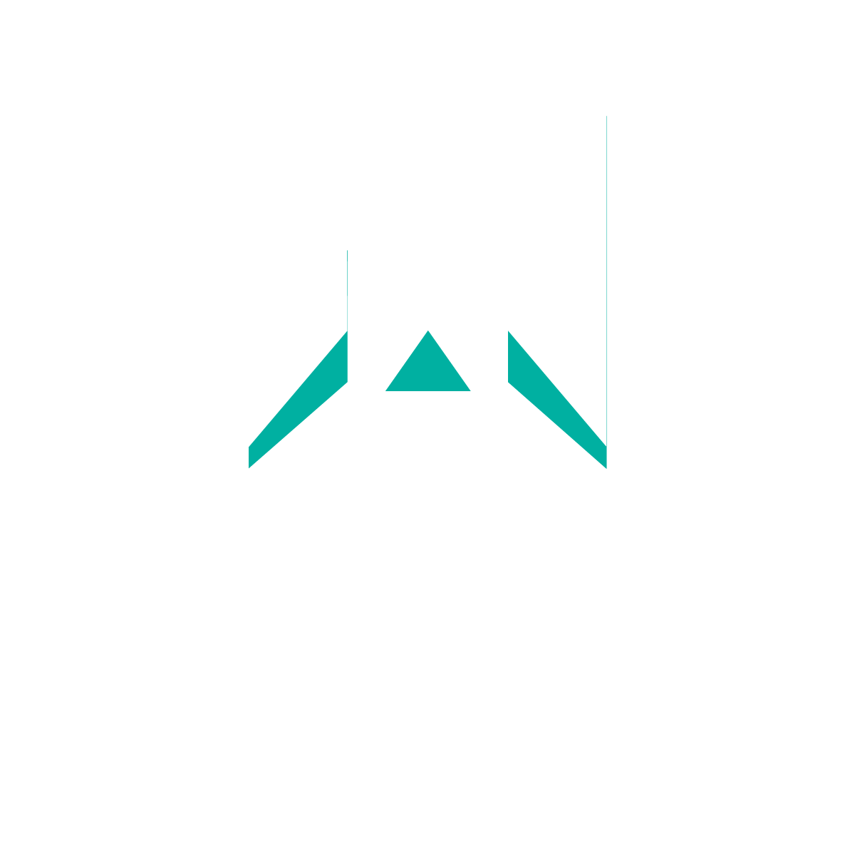 Logotipo geométrico color verde azulado, con tres formas angulares sobre un fondo blanco