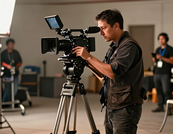 Videógrafo ajustando una cámara profesional sobre un trípode en un estudio