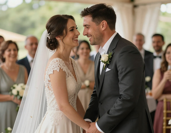 La novia y el novio sonríen y se dan la mano durante una ceremonia de boda al aire libre