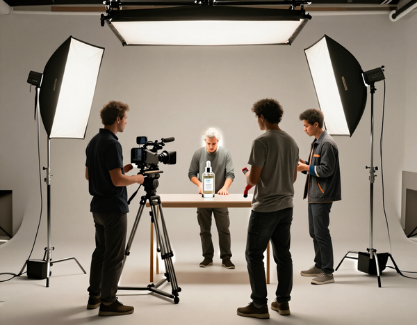 Equipo de rodaje grabando una entrevista en un estudio blanco, con luces brillantes y una cámara sobre un trípode