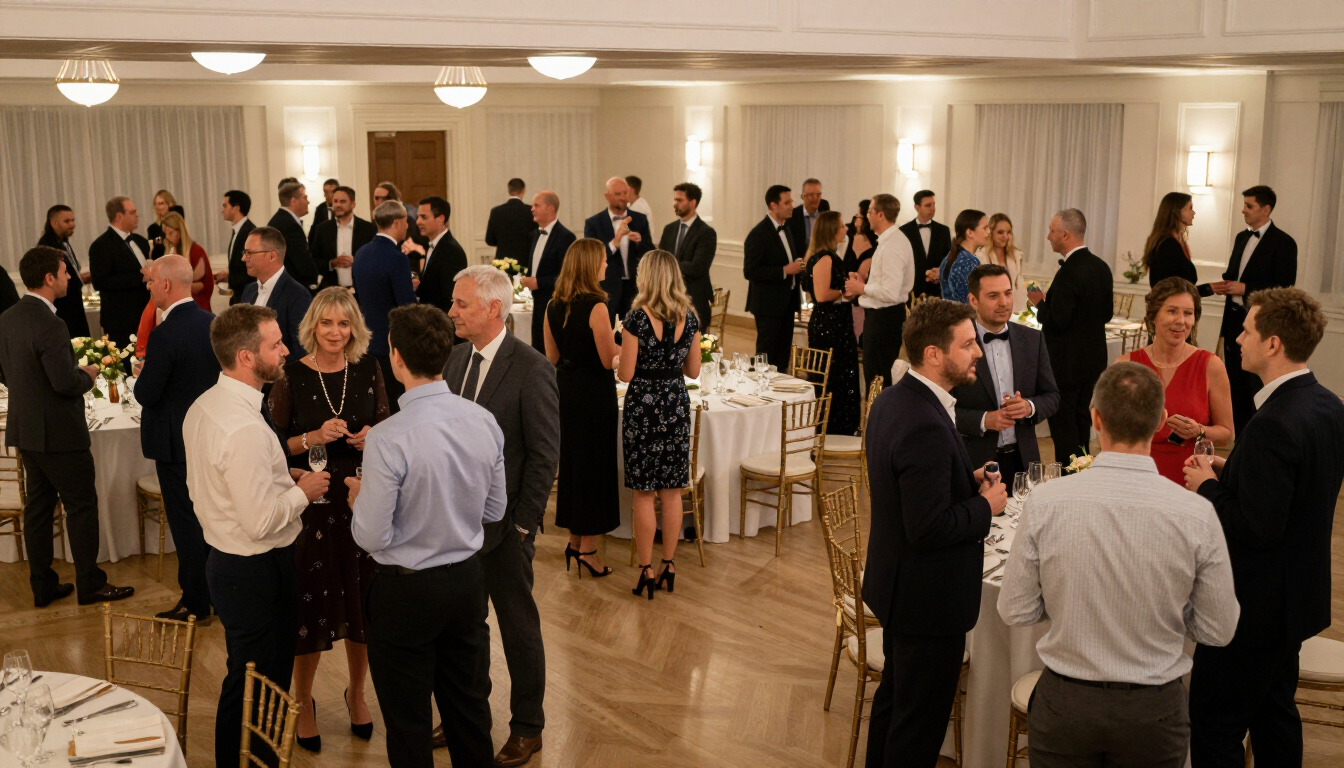 Invitados conversando en una recepción formal en un salón luminoso, con bebidas y mesas de cóctel.