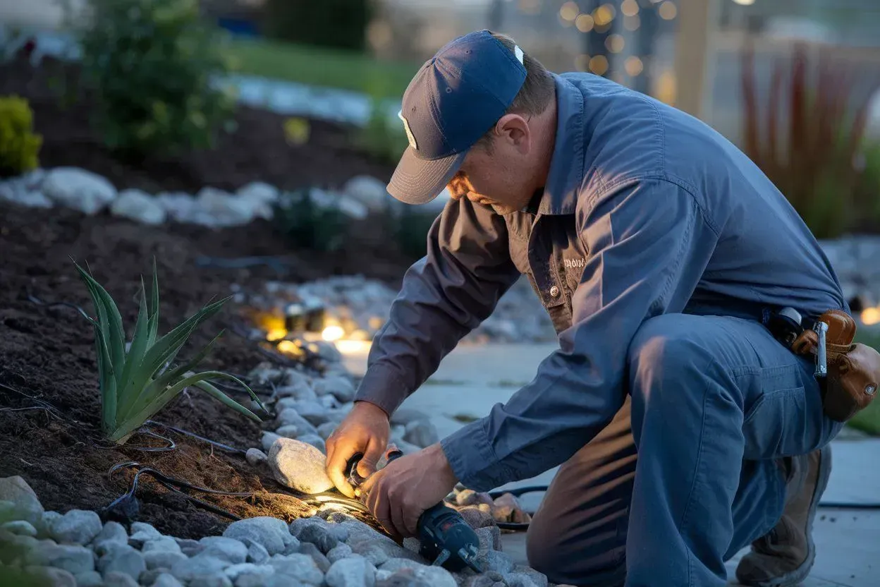 Man installing outdoor landscape lights beside a stone garden path at dusk