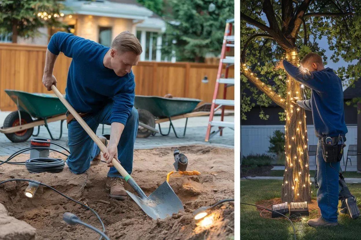 Gardener shoveling soil by a tree in a backyard, with wheelbarrow and string lights at dusk