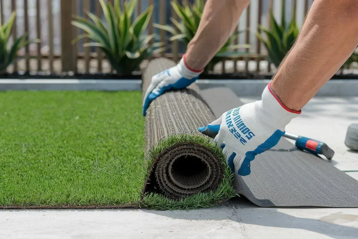 Hands rolling up artificial turf beside a paved edge outdoors