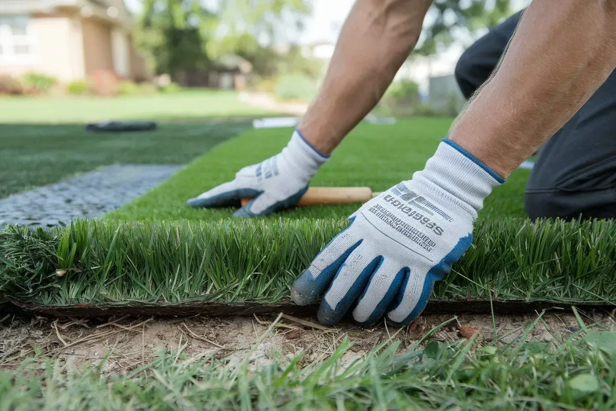 Gloved hands laying turf along a lawn edge in a grassy yard