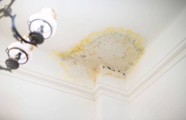 A ceiling with a stain on it and a chandelier hanging from it.