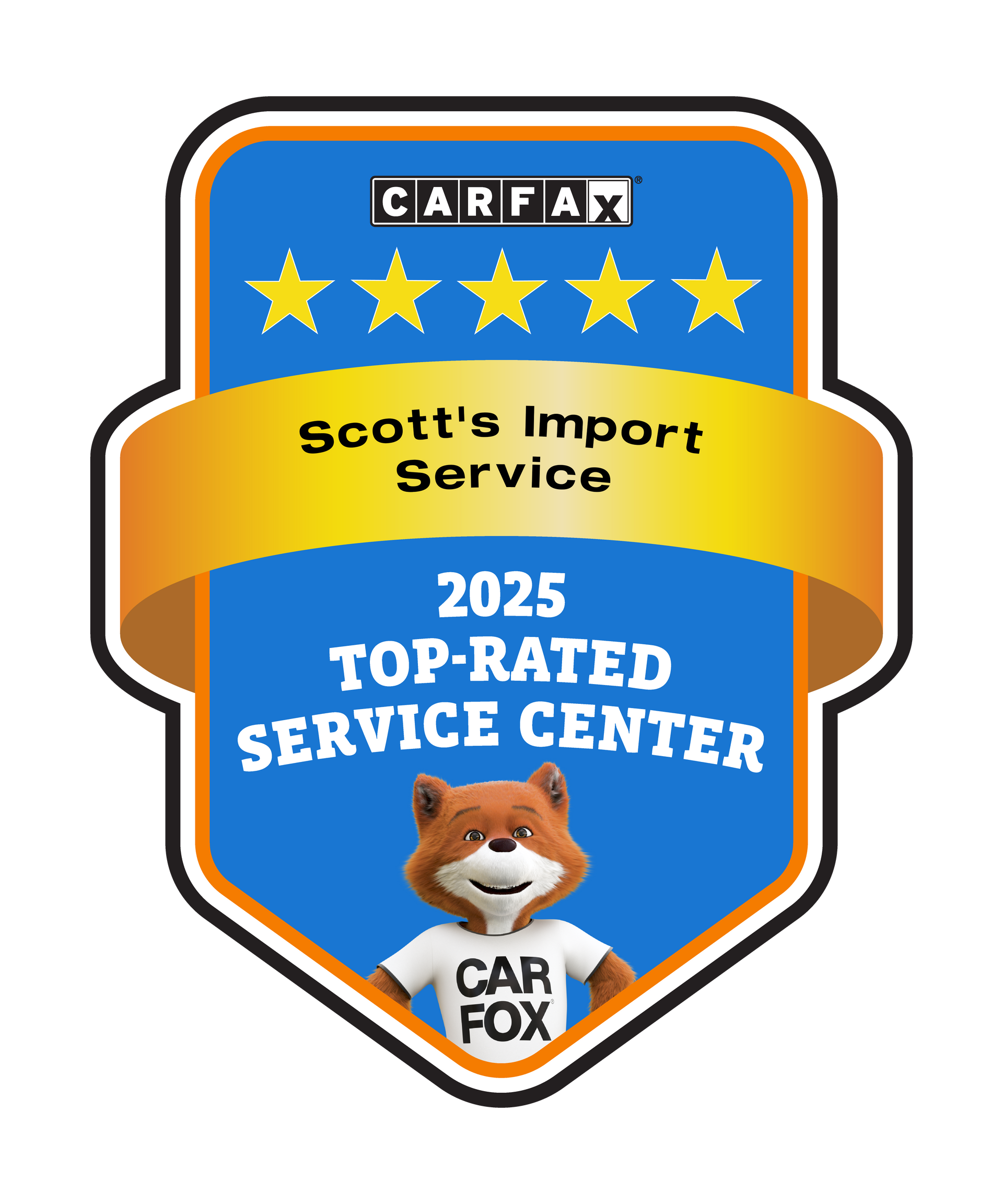 CARFAX 2025 Top-Rated Service Center award badge for Scott’s Import Service featuring the CARFAX fox mascot.