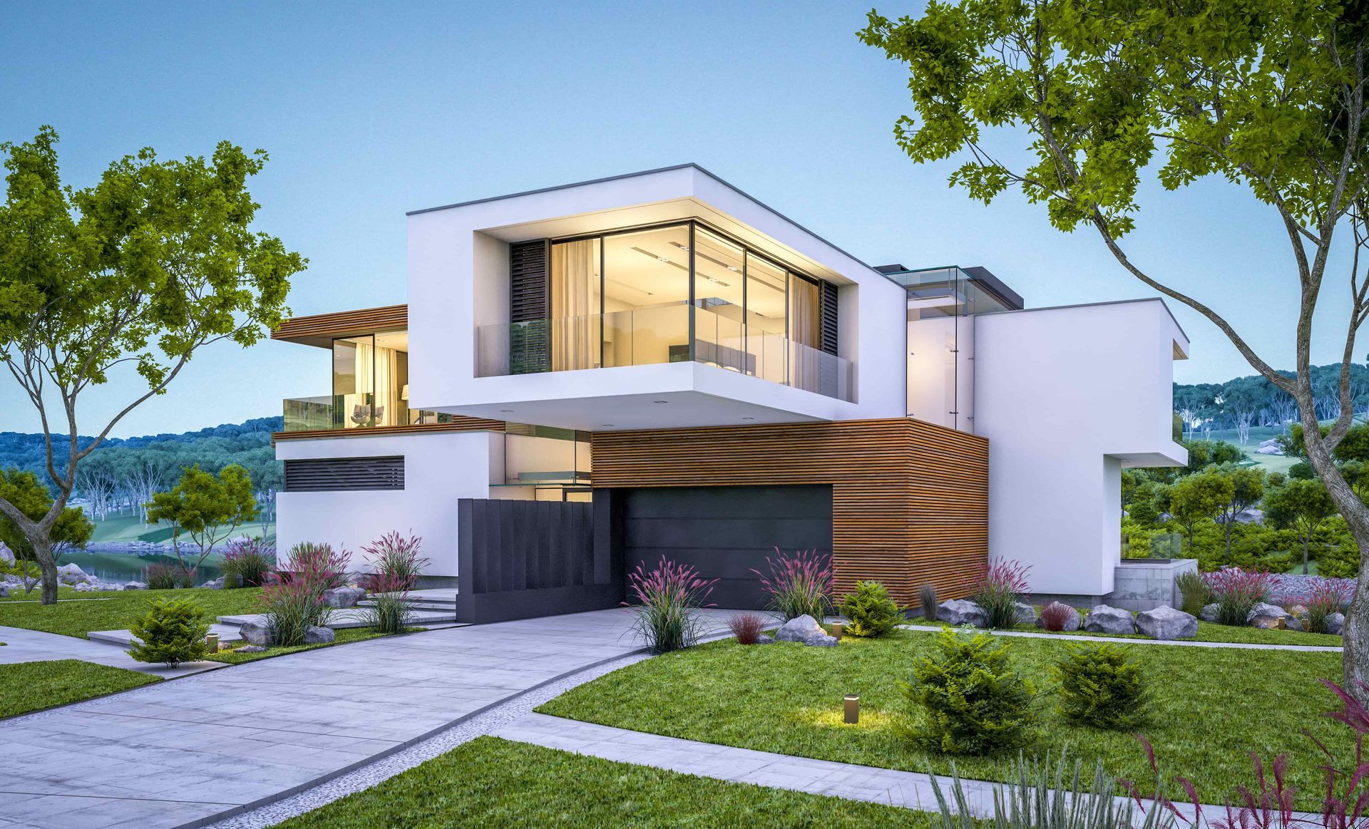 A modern house with a lot of windows and trees in front of it.