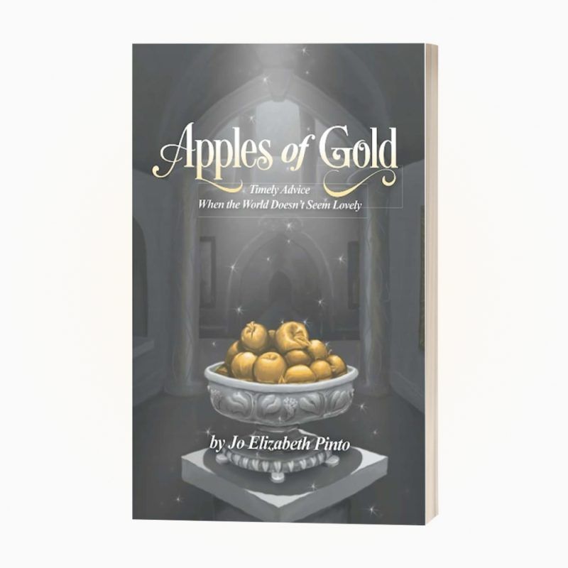 Book cover titled “Apples of Gold” showing a bowl of golden apples in a dim cathedral-like setting