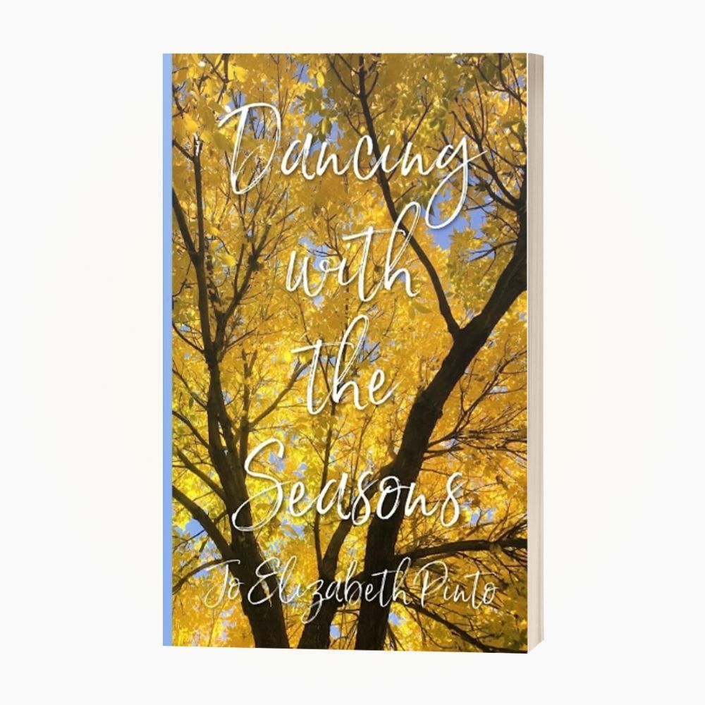Book cover with yellow autumn trees and white cursive title, “Dancing with the Seasons” by Elizabeth Conant