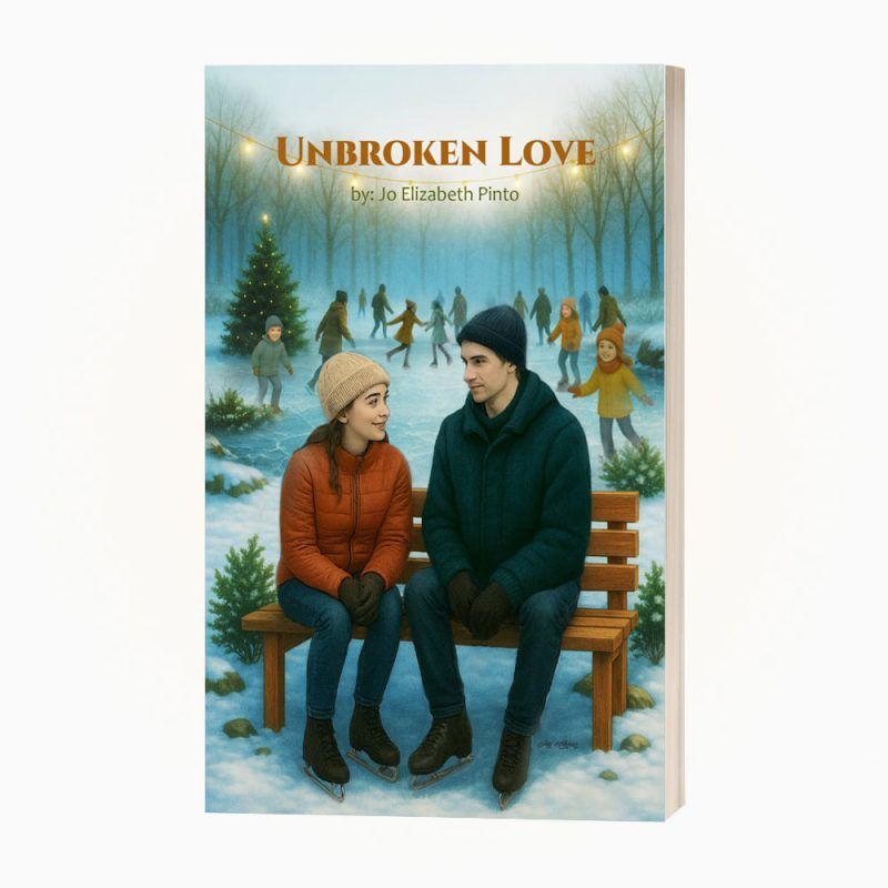 Two people sit on a park bench in a snowy forest beneath the title “Unbroken Love”